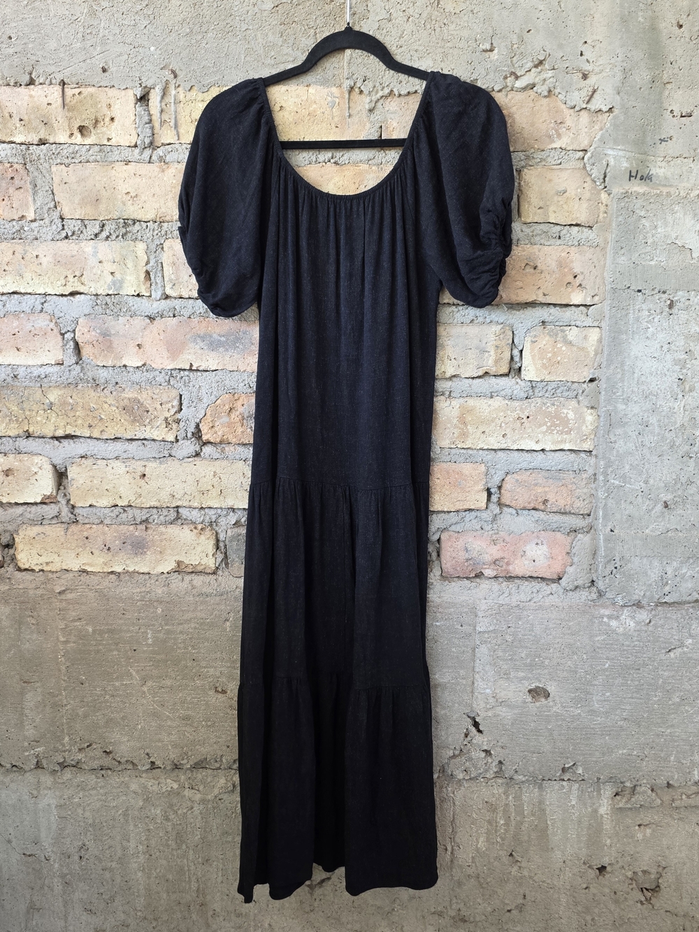 Lisa Says Gah Black Linen Blend Tiered Midi Maxi Dress Puff Sleeve S Small - Picture 4 of 9